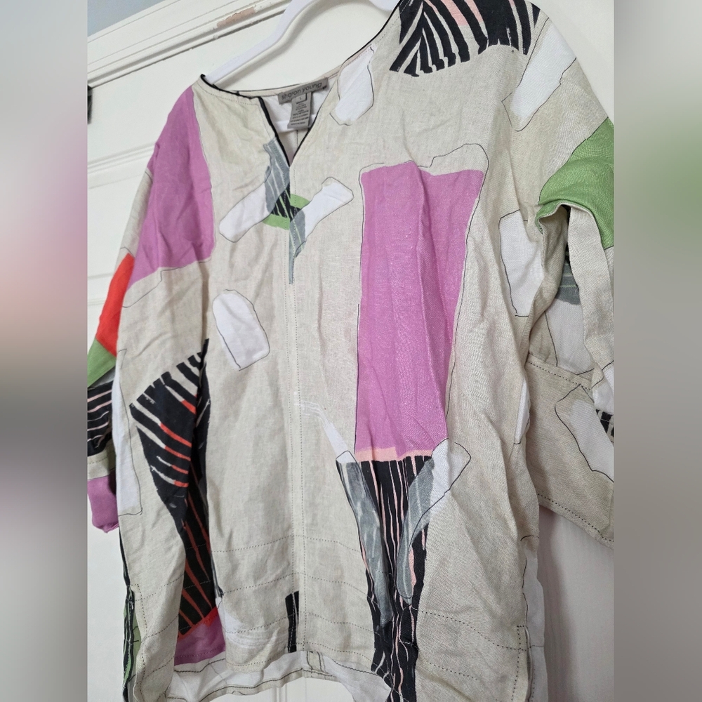 Sharon Young Womens Abstract Linen Blend Top 3/4 Sleeve Boho Size L Art to wear